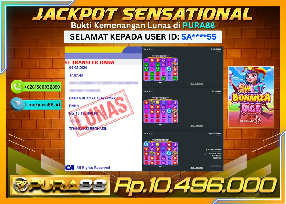 PURA88 JACKPOT SWEET BONANZA DICE Rp 10.496.000,- LUNAS